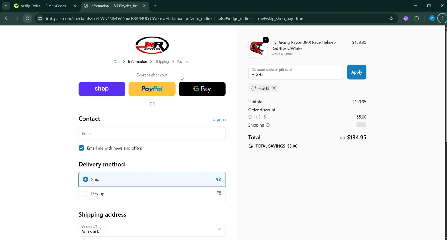 J&R BMX Superstore promo code screenshot showing code HIGH5 applied at J&R BMX Superstore checkout page. Uploaded by SimplyCodes community member _____________ on Oct 23, 2025