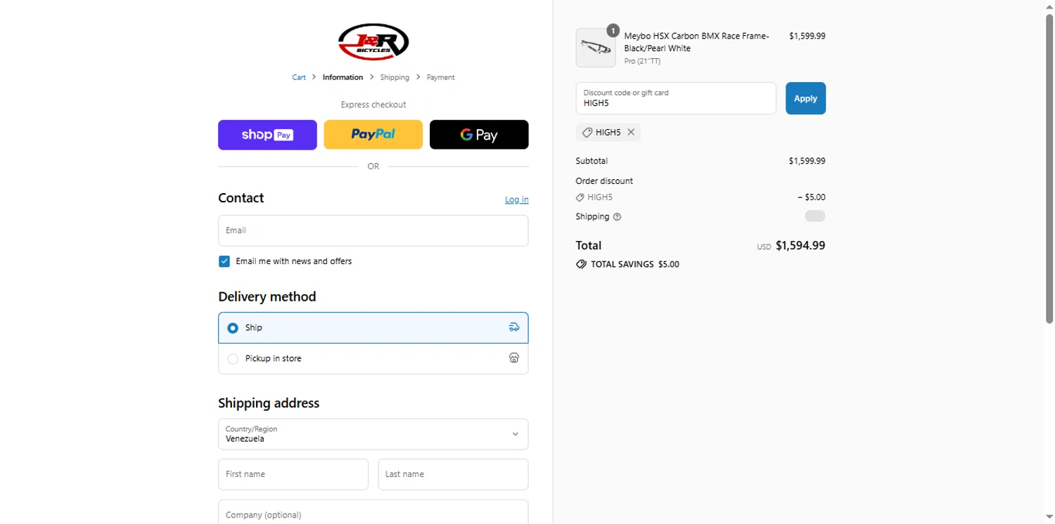 J&R BMX Superstore promo code screenshot showing code HIGH5 applied at J&R BMX Superstore checkout page. Uploaded by SimplyCodes community member renegul on Jul 5, 2025