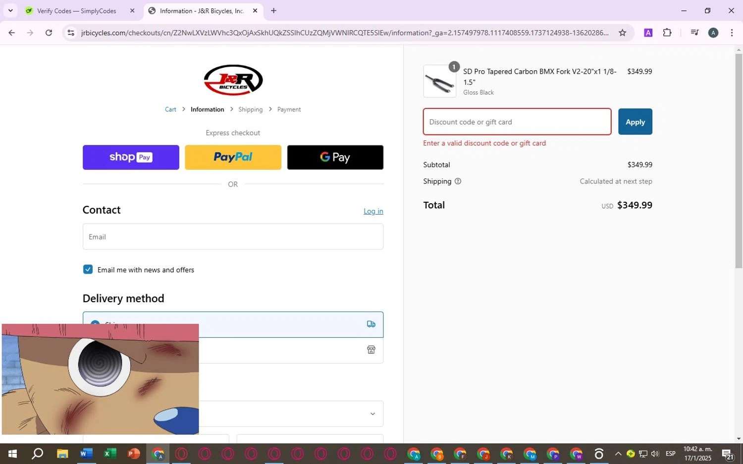 J&R BMX Superstore promo code screenshot showing code rad10 applied at J&R BMX Superstore checkout page. Uploaded by SimplyCodes community member mora_2301 on Jan 17, 2025