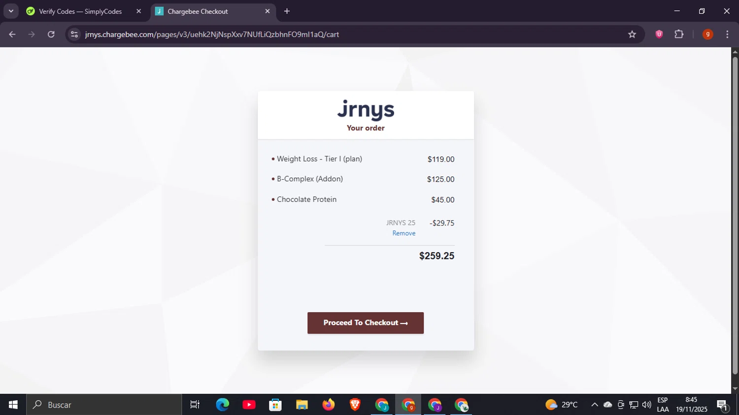 JRNYS coupon code screenshot showing code JRNYS25 applied at JRNYS checkout page. Uploaded by SimplyCodes community member Scottcawthon on Nov 19, 2025