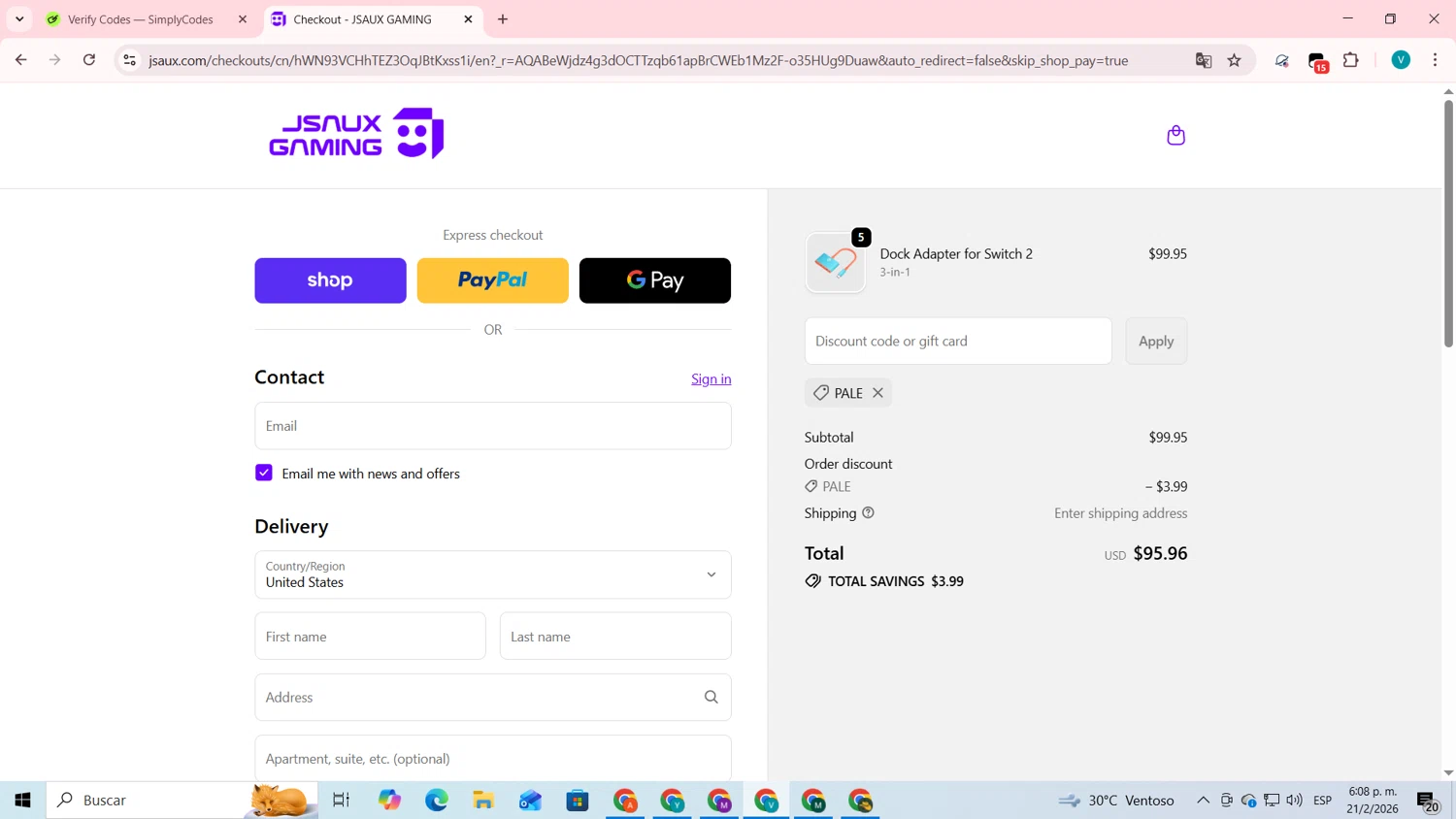 Jsaux promo code screenshot showing code PALE applied at Jsaux checkout page. Uploaded by SimplyCodes community member lyffytaro on Feb 21, 2026
