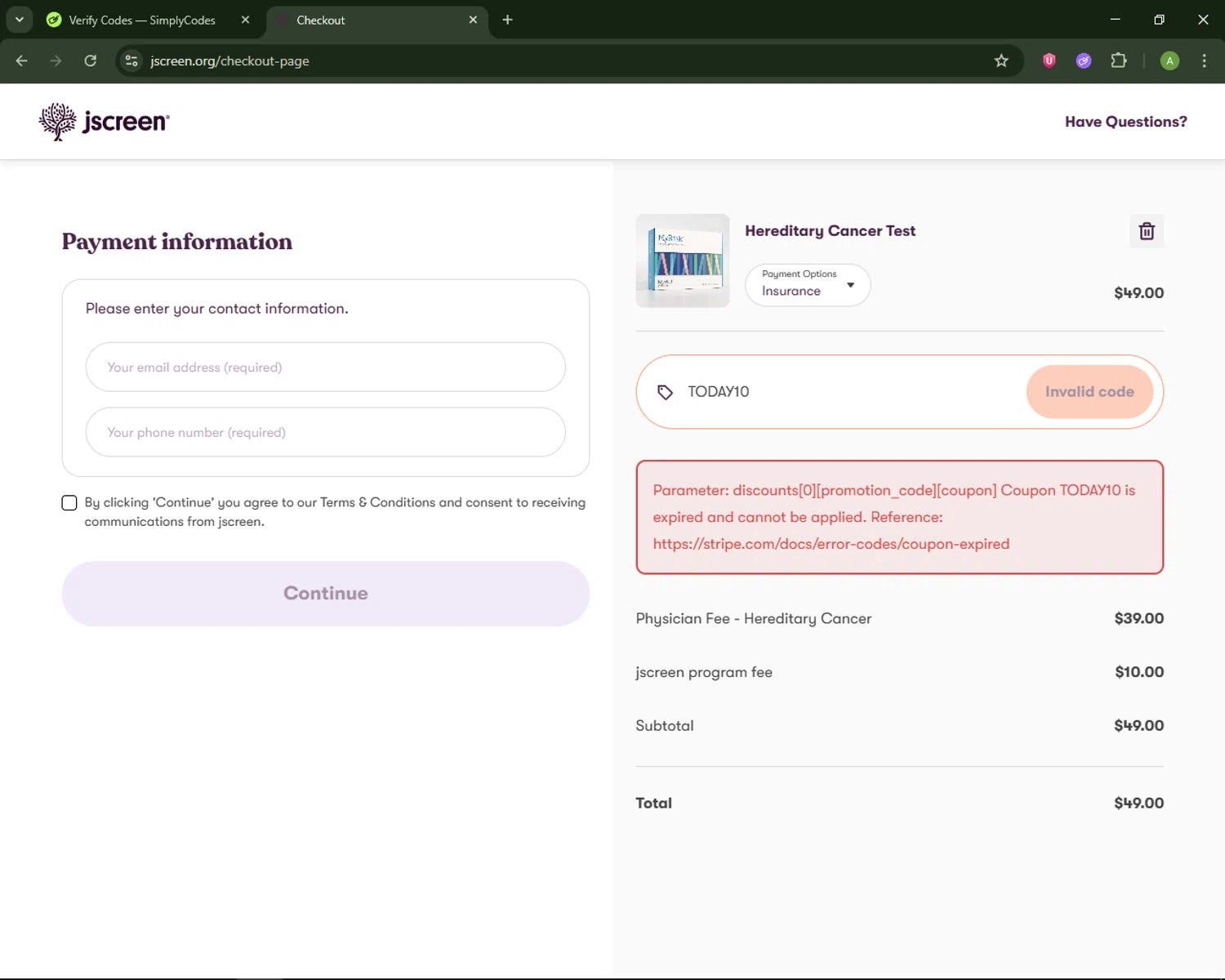 JScreen promo code screenshot showing code TODAY10 applied at JScreen checkout page. Uploaded by SimplyCodes community member MagnificentSaver708 on Mar 6, 2026
