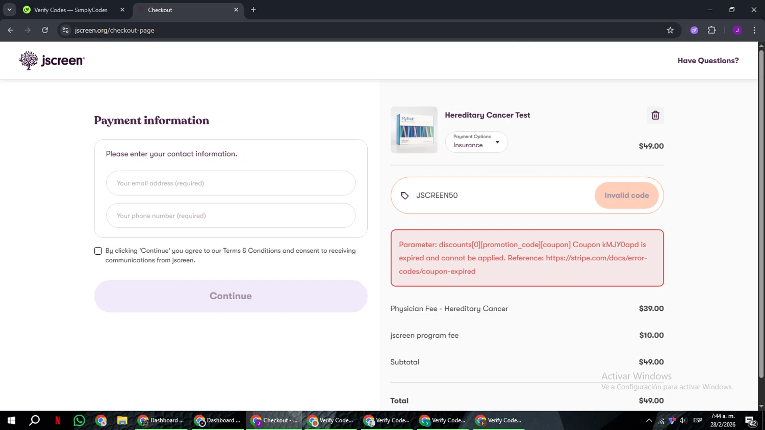 JScreen promo code screenshot showing code JSCREEN50 applied at JScreen checkout page. Uploaded by SimplyCodes community member ComeBurra123 on Feb 28, 2026