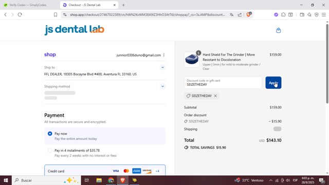 JS Dental Lab checkout page showing JS Dental Lab promo code box | Screenshot taken by SimplyCodes community member on Aug 28, 2025