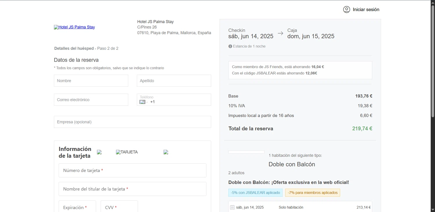 JS Hotels promo code screenshot showing code JSBALEAR applied at JS Hotels checkout page. Uploaded by SimplyCodes community member DonutPunks on Jun 14, 2025