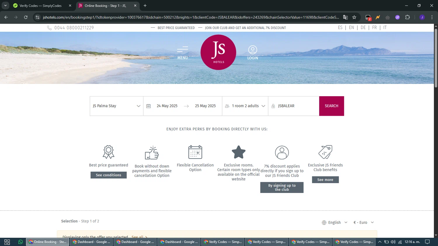 JS Hotels promo code screenshot showing code JSBALEAR applied at JS Hotels checkout page. Uploaded by SimplyCodes community member WiseMaven9968 on May 24, 2025