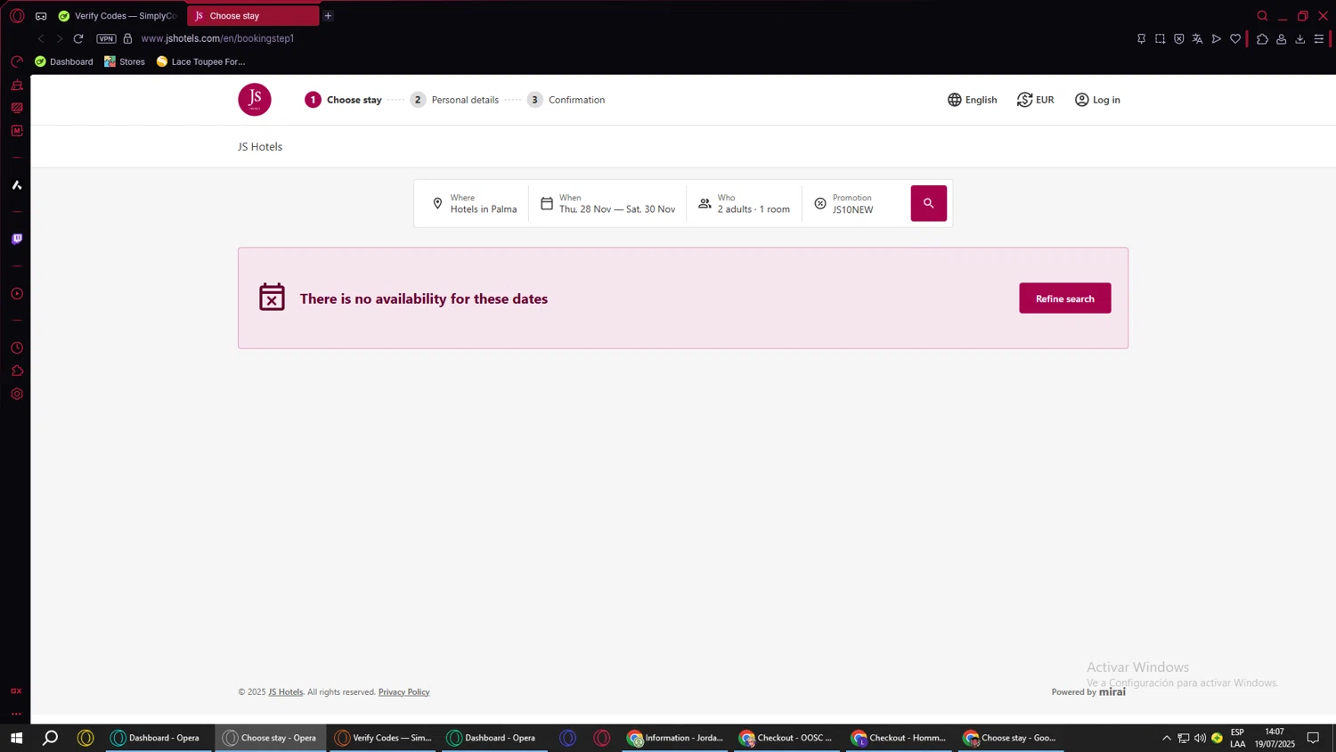 JS Hotels promo code screenshot showing code JS10NEW applied at JS Hotels checkout page. Uploaded by SimplyCodes community member ValueWarden4201 on Jul 19, 2025