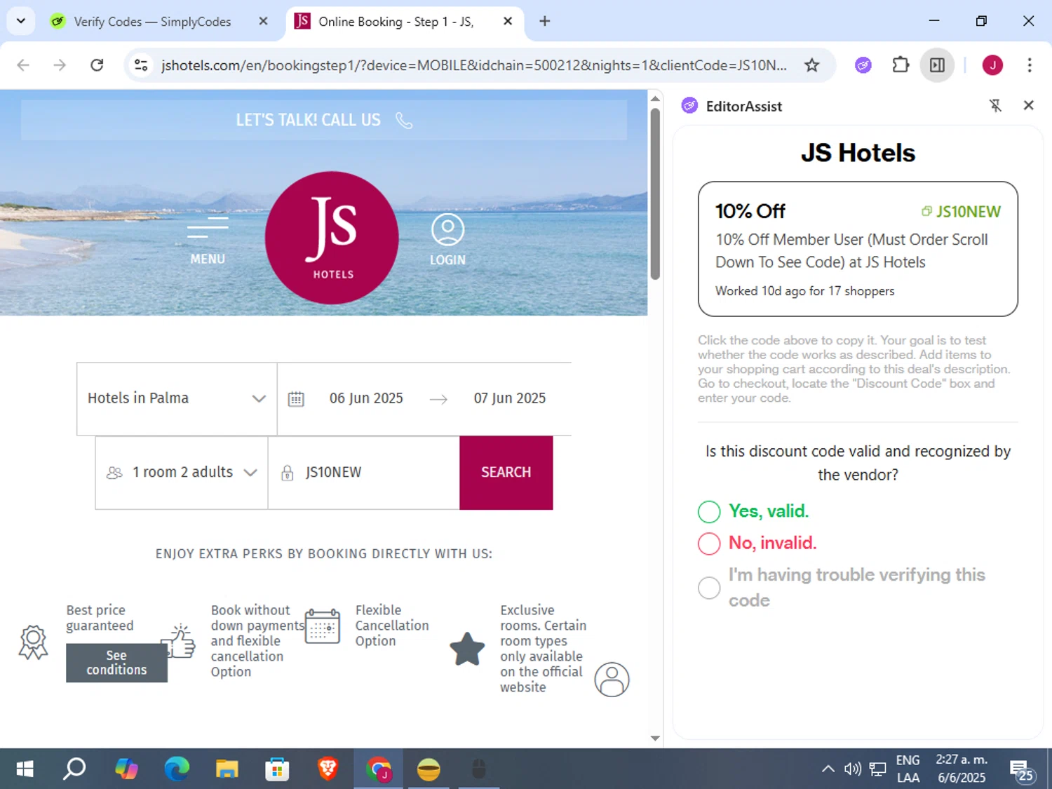 JS Hotels promo code screenshot showing code JS10NEW applied at JS Hotels checkout page. Uploaded by SimplyCodes community member vergil_lains on Jun 6, 2025