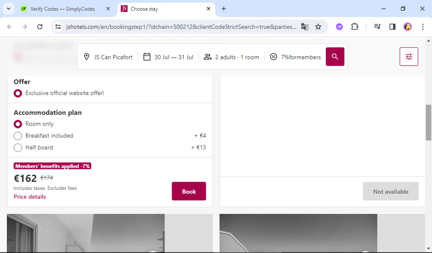 JS Hotels checkout page showing JS Hotels promo code box | Screenshot taken by SimplyCodes community member on Jul 24, 2025