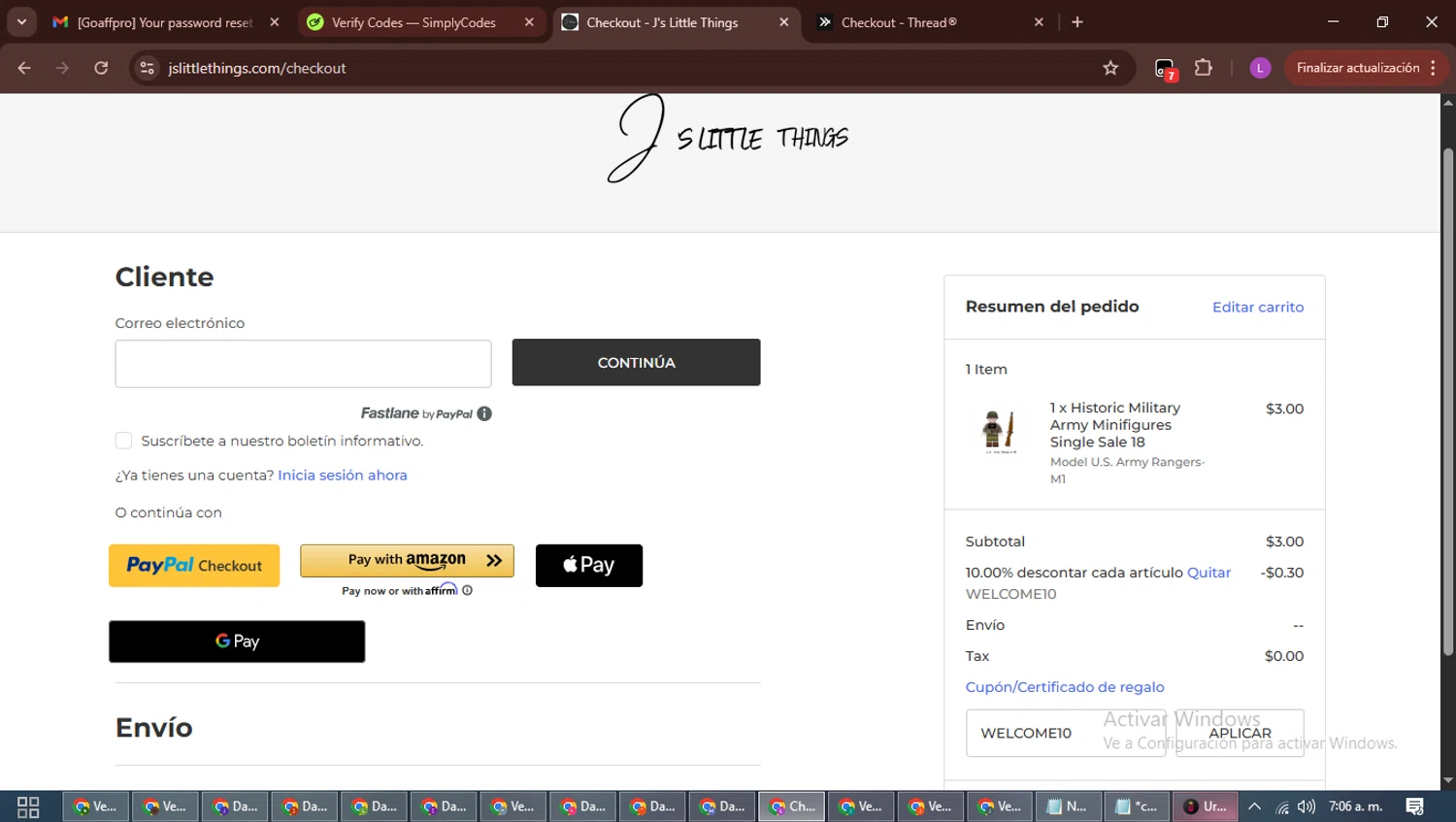 J's Little Things coupon code screenshot showing code WELCOME10 applied at J's Little Things checkout page. Uploaded by SimplyCodes community member RewardScout5160 on Dec 11, 2025