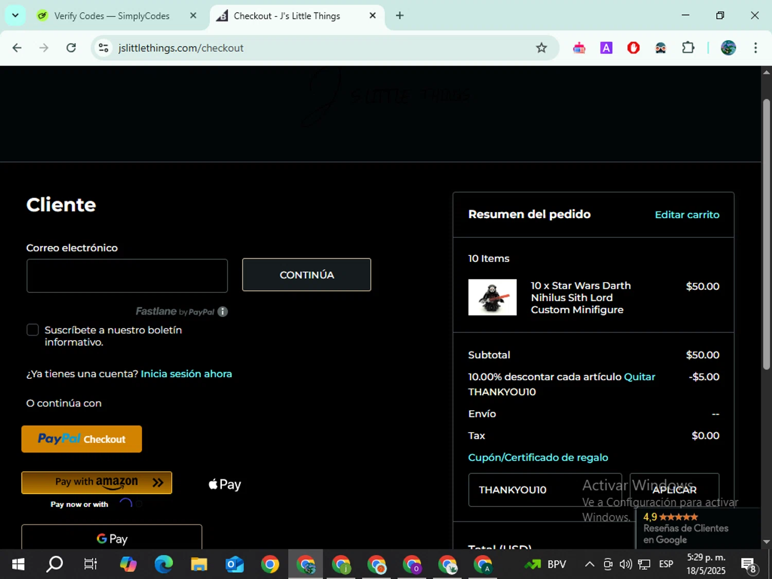 J's Little Things coupon code screenshot showing code THANKYOU10 applied at J's Little Things checkout page. Uploaded by SimplyCodes community member Mouzzzzzeeee on May 18, 2025