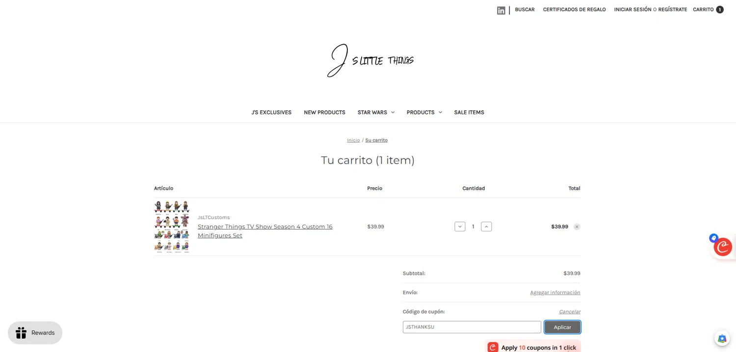 J's Little Things coupon code screenshot showing code JSTHANKSU applied at J's Little Things checkout page. Uploaded by SimplyCodes community member Dorothy on Oct 23, 2025