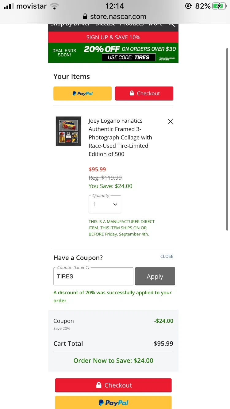 Juan Pablo Montoya checkout page showing Juan Pablo Montoya promo code box | Screenshot taken by SimplyCodes community member on Sep 2, 2020