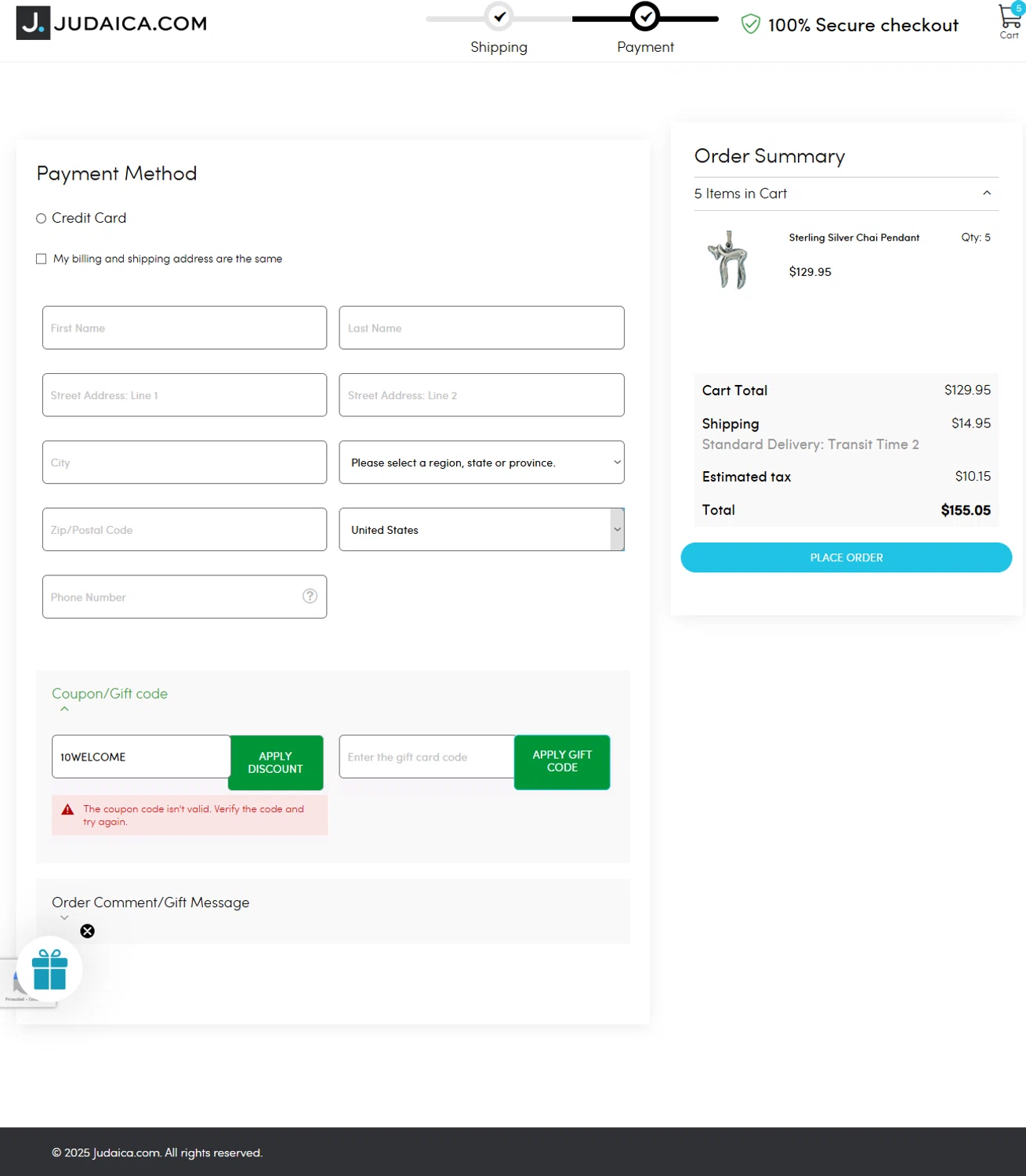 Judaica promo code screenshot showing code 10WELCOME applied at Judaica checkout page. Uploaded by SimplyCodes community member YunoMaria on Dec 23, 2025