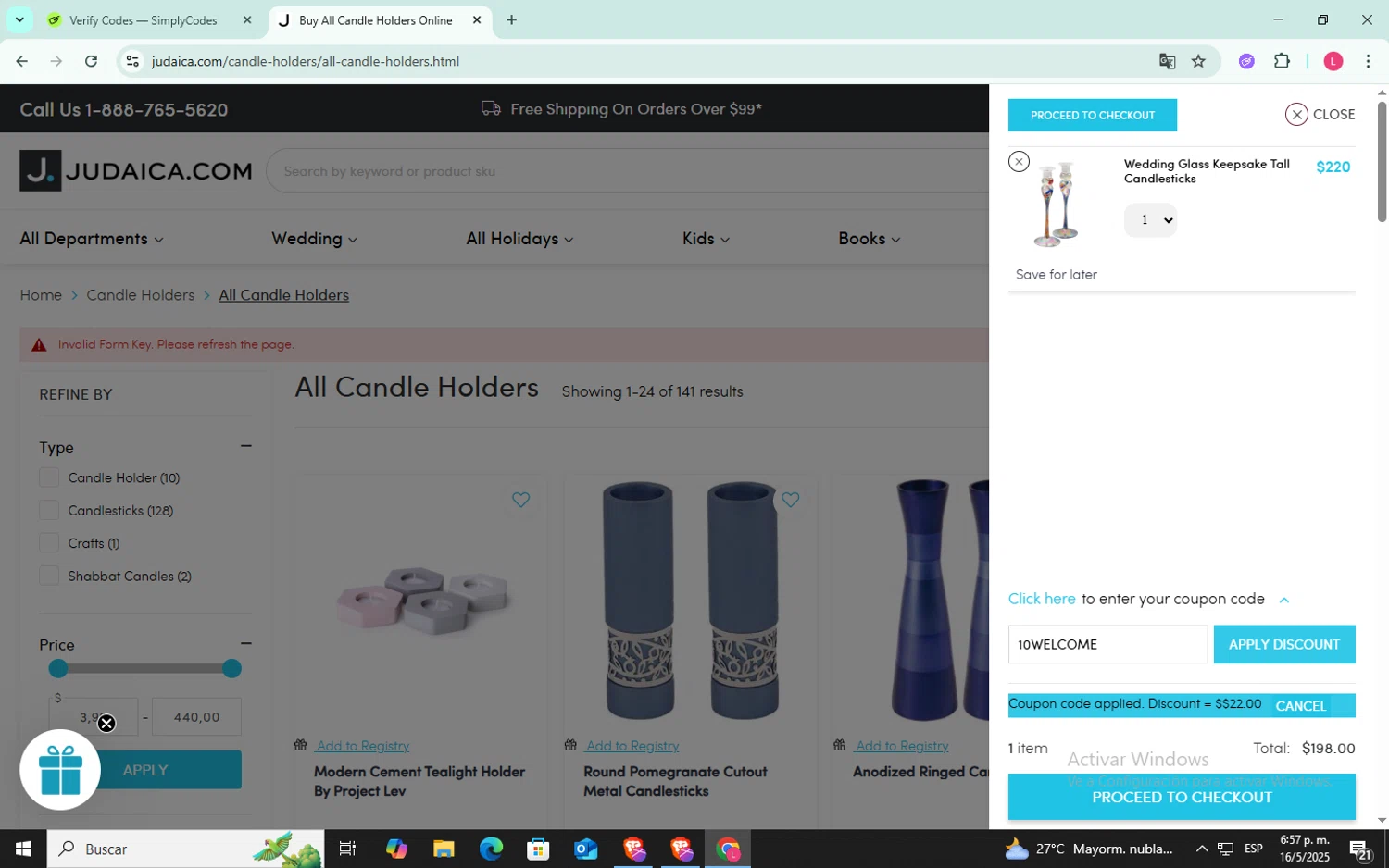 Judaica promo code screenshot showing code 10WELCOME applied at Judaica checkout page. Uploaded by SimplyCodes community member SilverFox3257 on May 16, 2025
