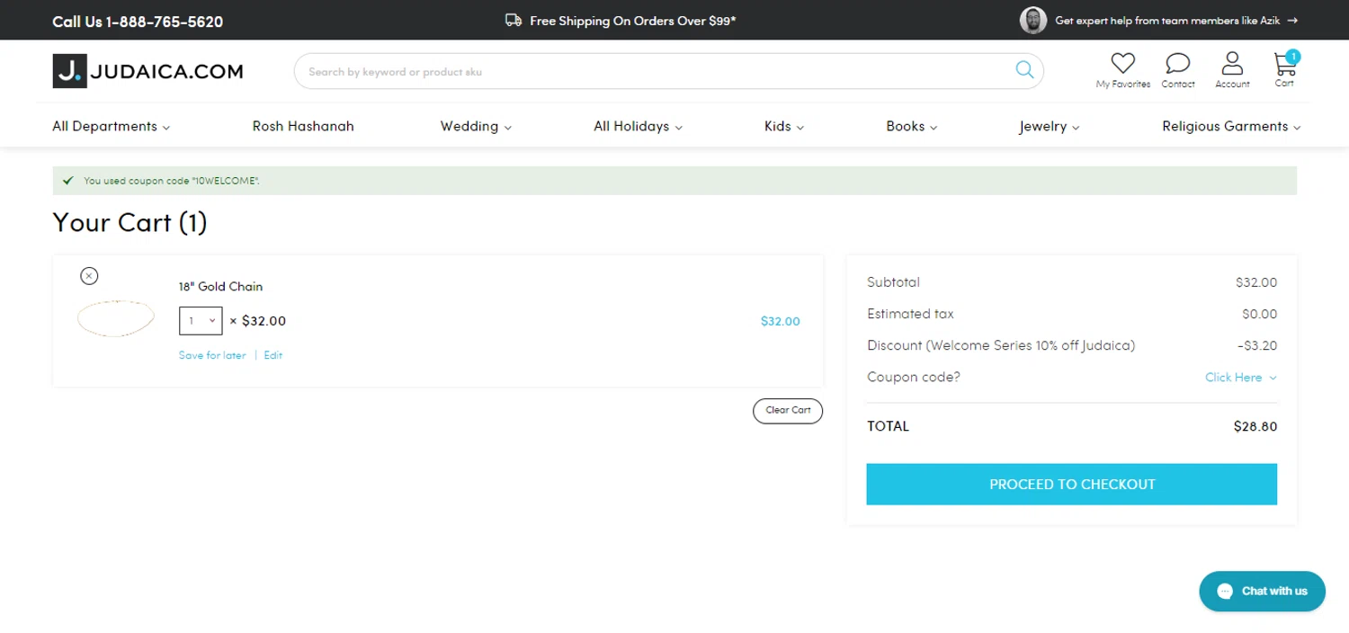 Judaica checkout page showing Judaica promo code box | Screenshot taken by SimplyCodes community member on Oct 2, 2024