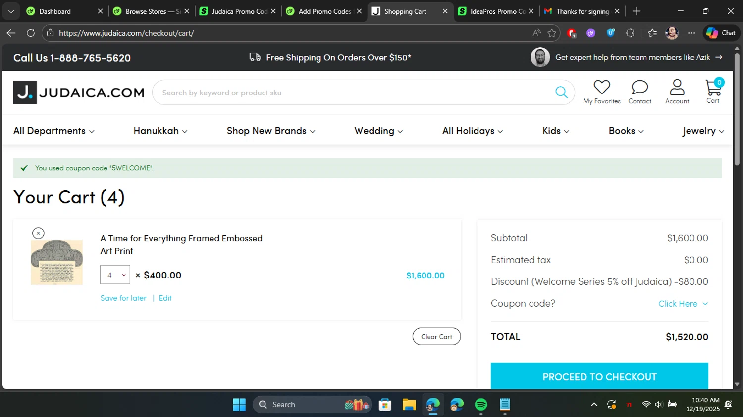 Judaica promo code screenshot showing code 5WELCOME applied at Judaica checkout page. Uploaded by SimplyCodes community member Blackleg_Sanji on Dec 19, 2025