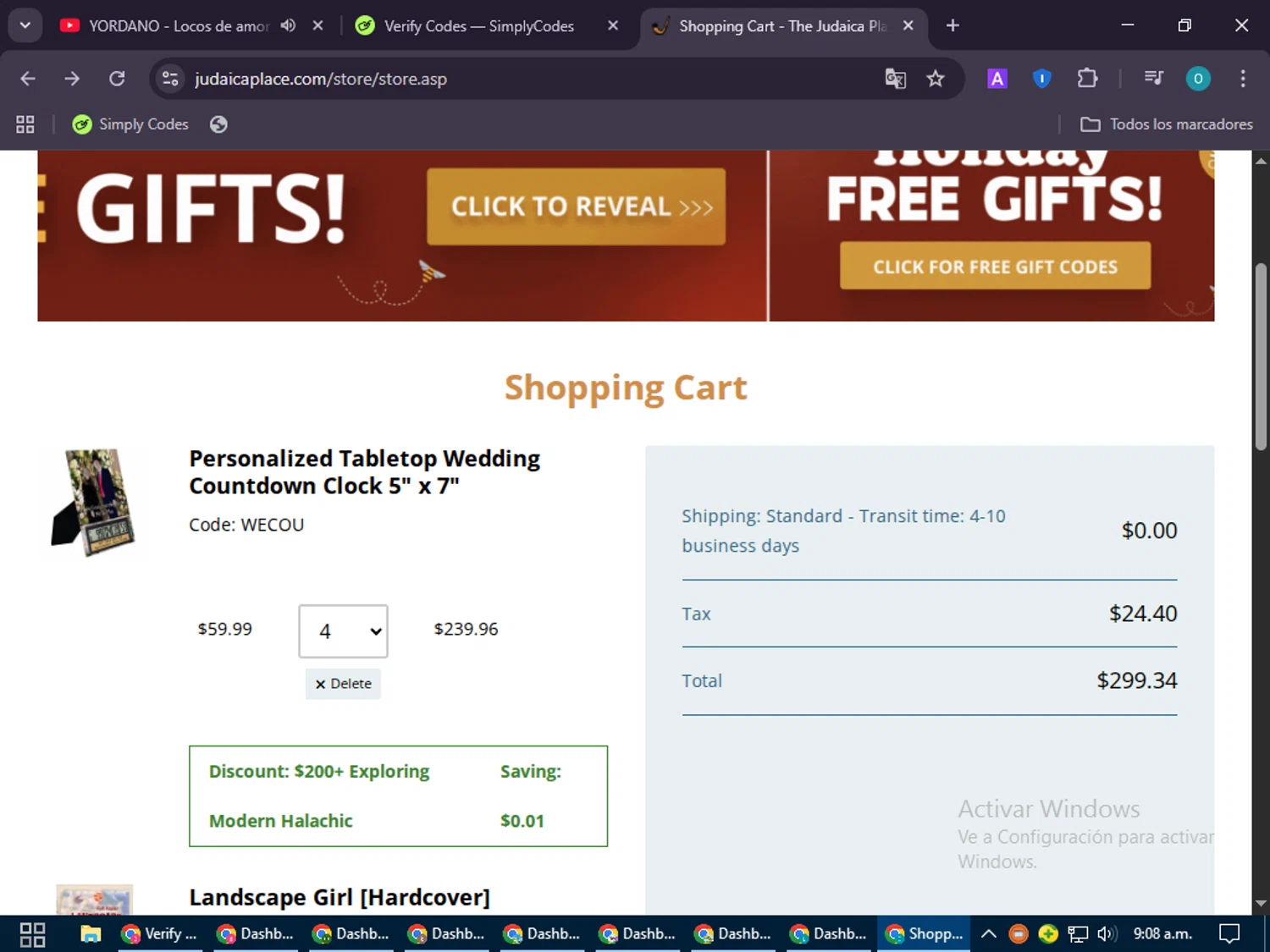 The Judaica Place checkout page showing The Judaica Place promo code box | Screenshot taken by SimplyCodes community member on Sep 17, 2025