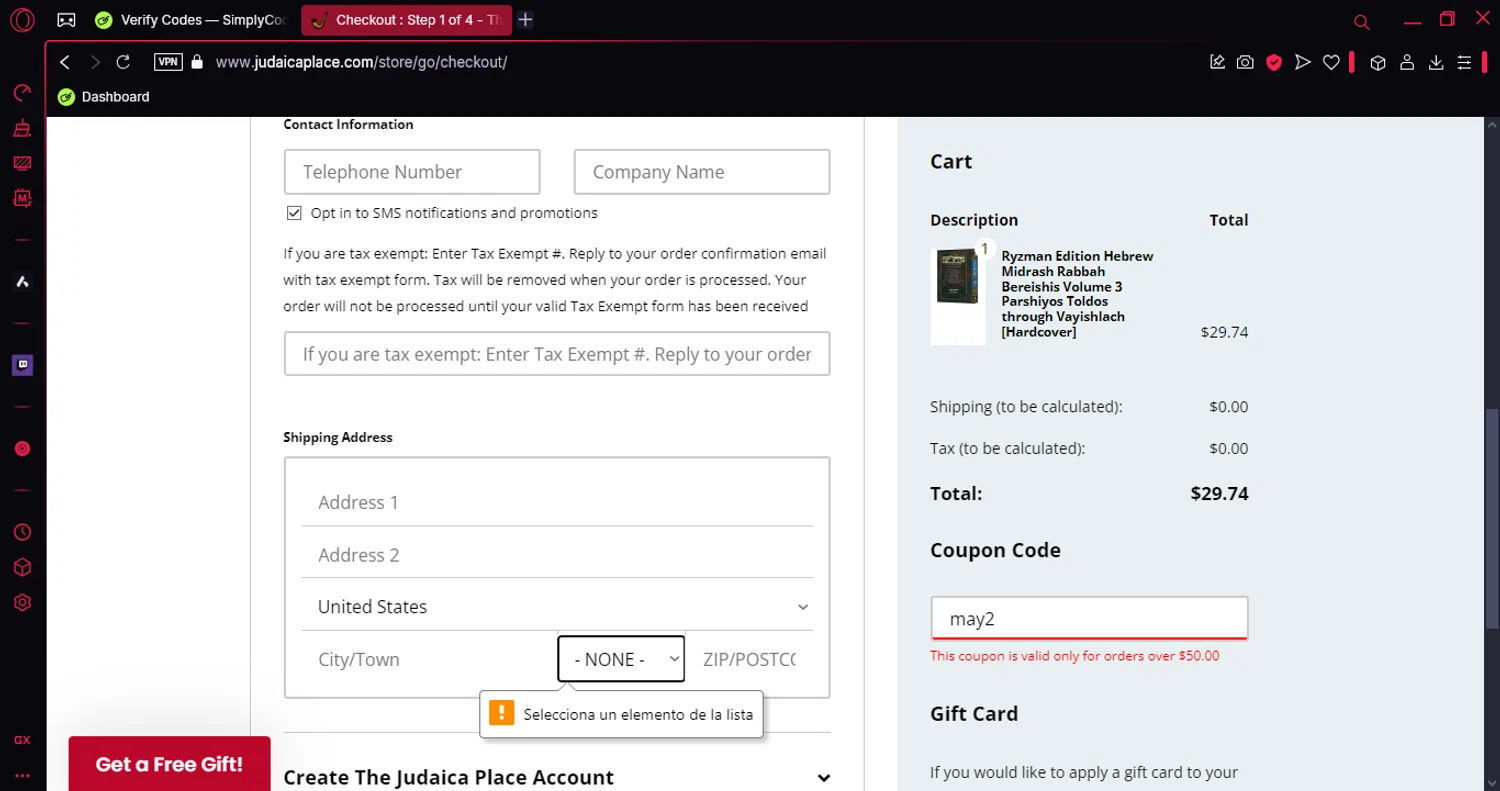 The Judaica Place promo code screenshot showing code may2 applied at The Judaica Place checkout page. Uploaded by SimplyCodes community member luissi on Dec 27, 2024