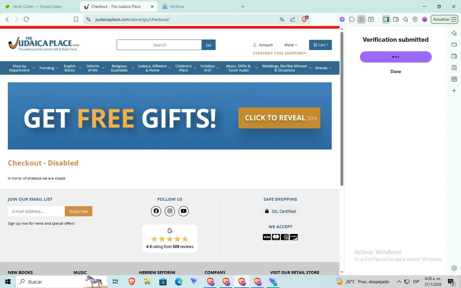 The Judaica Place promo code screenshot showing code may2 applied at The Judaica Place checkout page. Uploaded by SimplyCodes community member aaaaaaaaaaaaaaa on Jan 31, 2026
