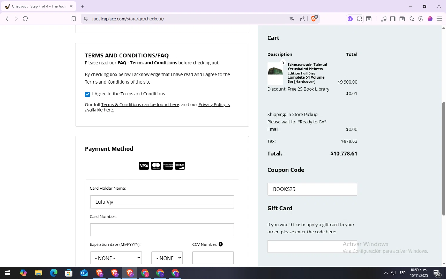 The Judaica Place promo code screenshot showing code BOOKS25 applied at The Judaica Place checkout page. Uploaded by SimplyCodes community member VoucherSpotter6910 on Nov 16, 2025