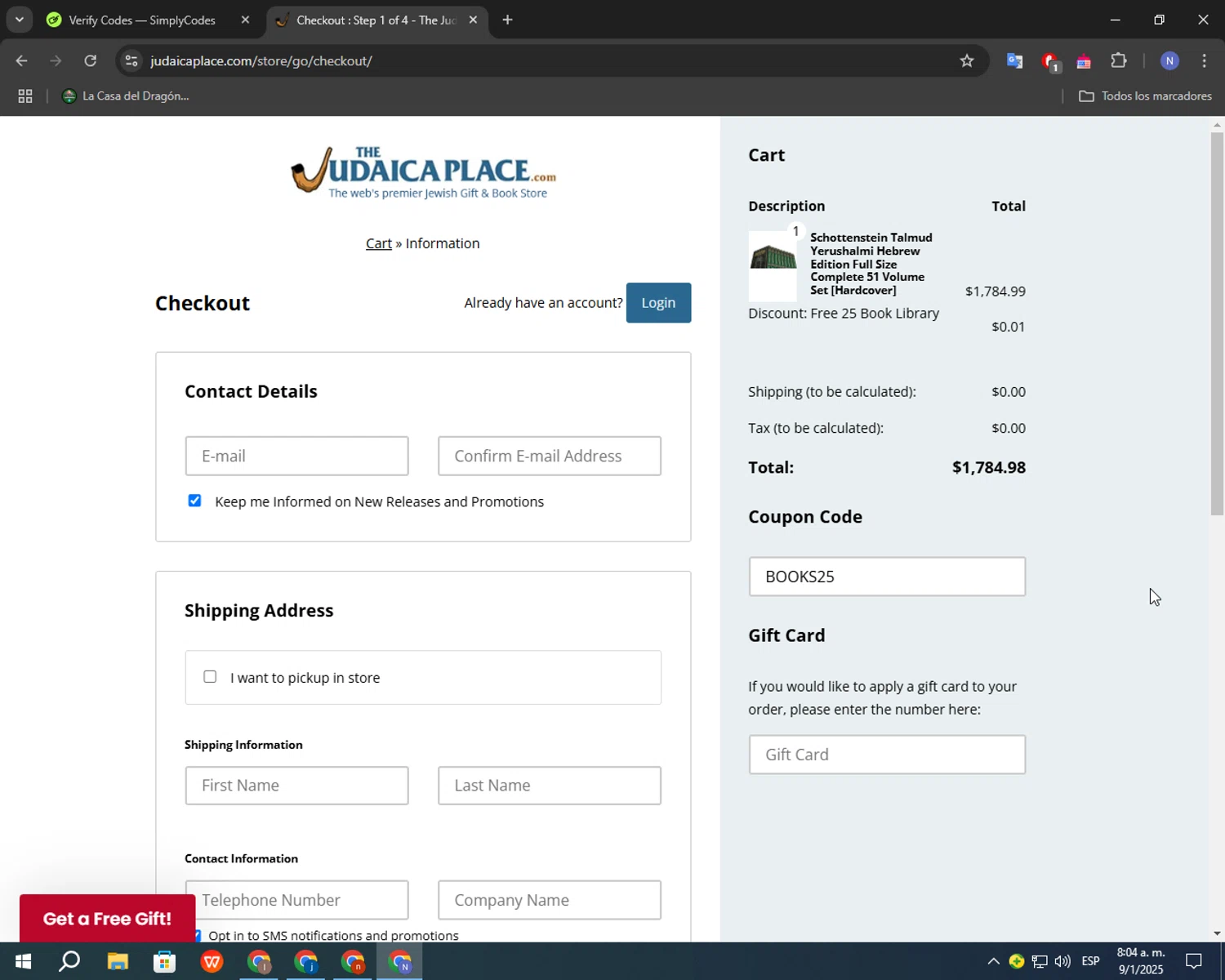 The Judaica Place promo code screenshot showing code BOOKS25 applied at The Judaica Place checkout page. Uploaded by SimplyCodes community member RoyalGuardian2978 on Jan 9, 2025