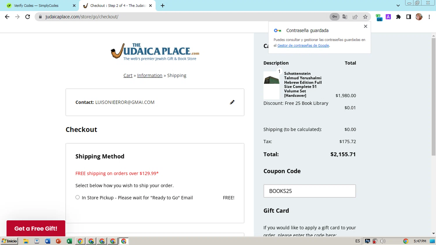 The Judaica Place promo code screenshot showing code BOOKS25 applied at The Judaica Place checkout page. Uploaded by SimplyCodes community member hectorpetit1 on Apr 30, 2025