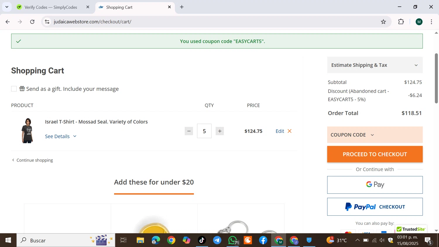 Judaica Web Store promo code screenshot showing code EASYCART5 applied at Judaica Web Store checkout page. Uploaded by SimplyCodes community member JPRJOESTAR on Aug 15, 2025