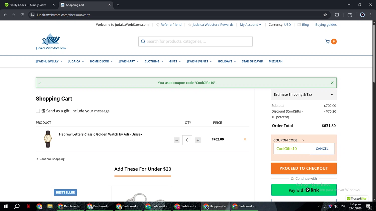 Judaica Web Store checkout page showing Judaica Web Store promo code box | Screenshot taken by SimplyCodes community member on Jan 21, 2026