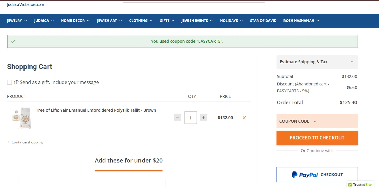 Judaica Web Store promo code screenshot showing code EASYCART5 applied at Judaica Web Store checkout page. Uploaded by SimplyCodes community member juanisaac on Aug 15, 2025