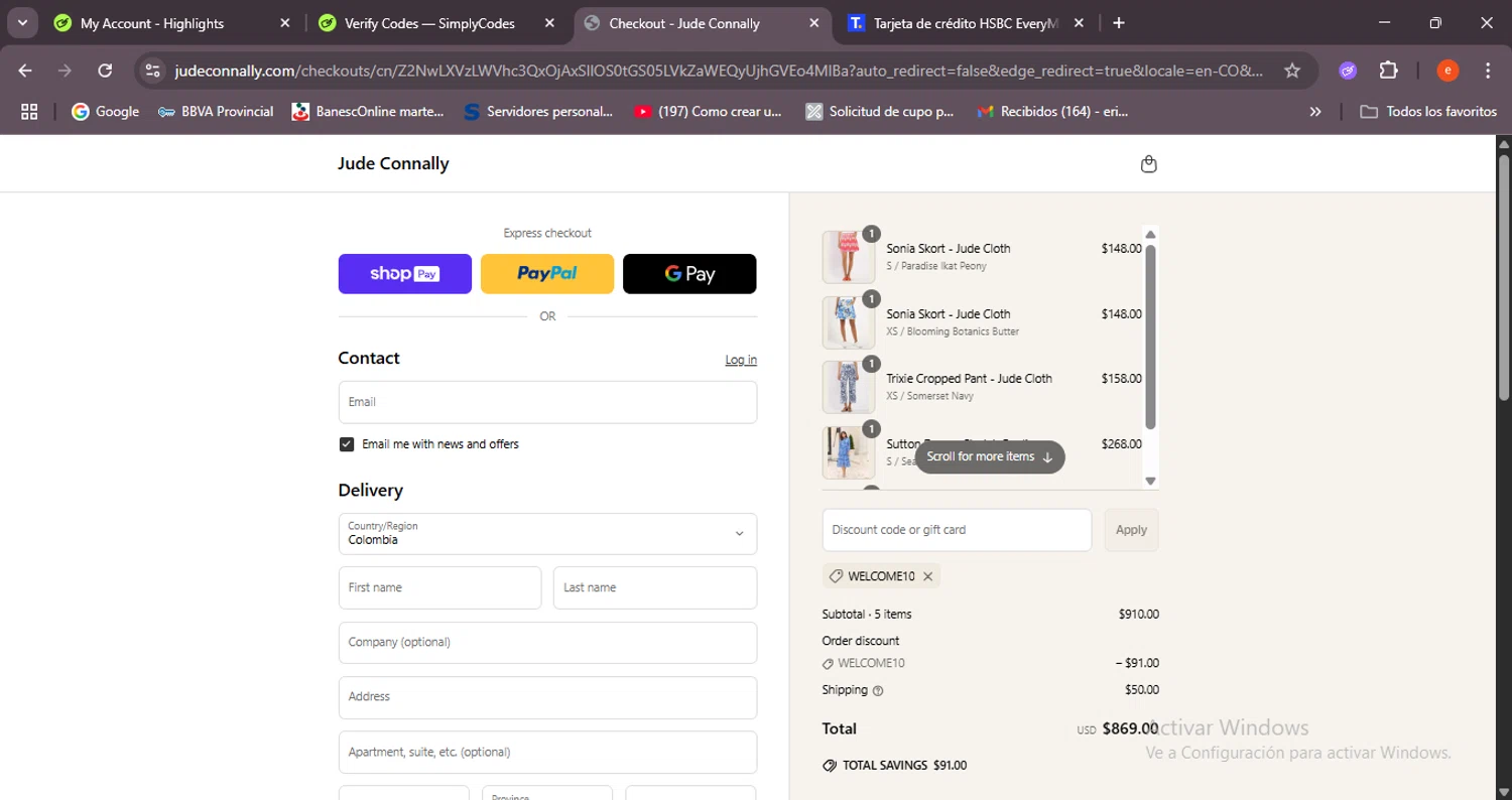 Jude Connally discount code screenshot showing code WELCOME10 applied at Jude Connally checkout page. Uploaded by SimplyCodes community member BrilliantSleuth7740 on Jun 26, 2025