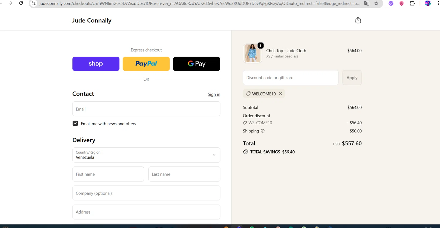Jude Connally discount code screenshot showing code WELCOME10 applied at Jude Connally checkout page. Uploaded by SimplyCodes community member ingric on Dec 23, 2025
