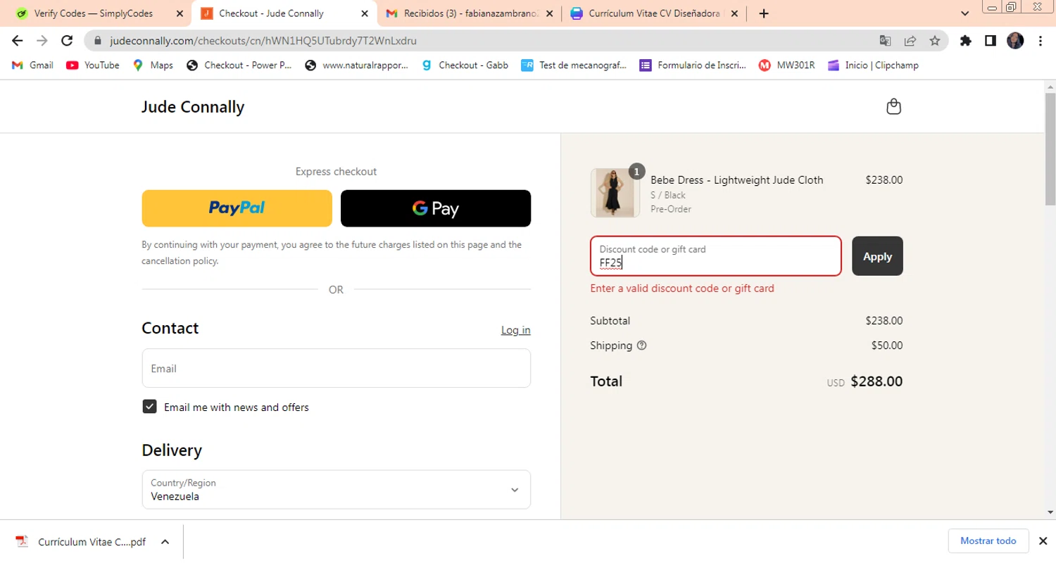 Jude Connally discount code screenshot showing code FF25 applied at Jude Connally checkout page. Uploaded by SimplyCodes community member PrimeAdmiral8733 on Aug 1, 2025
