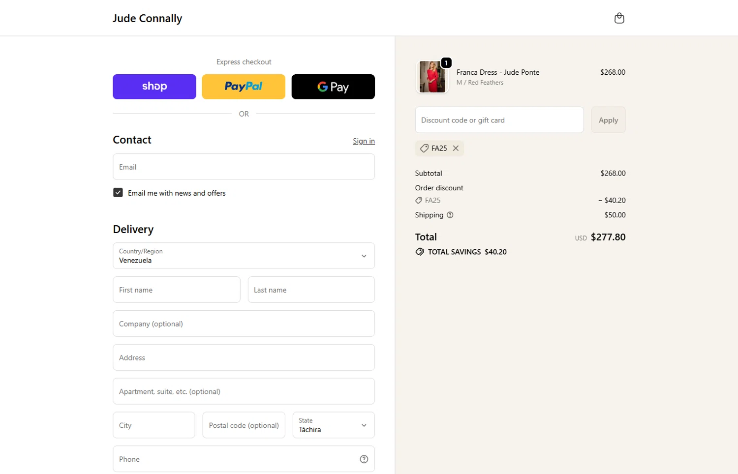 Jude Connally discount code screenshot showing code FA25 applied at Jude Connally checkout page. Uploaded by SimplyCodes community member ivantorres on Oct 28, 2025