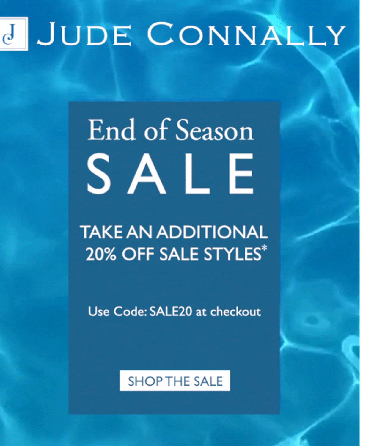 Jude Connally discount code screenshot showing code SALE20 applied at Jude Connally checkout page. Uploaded by SimplyCodes community member valeriaantonieta on Aug 27, 2025