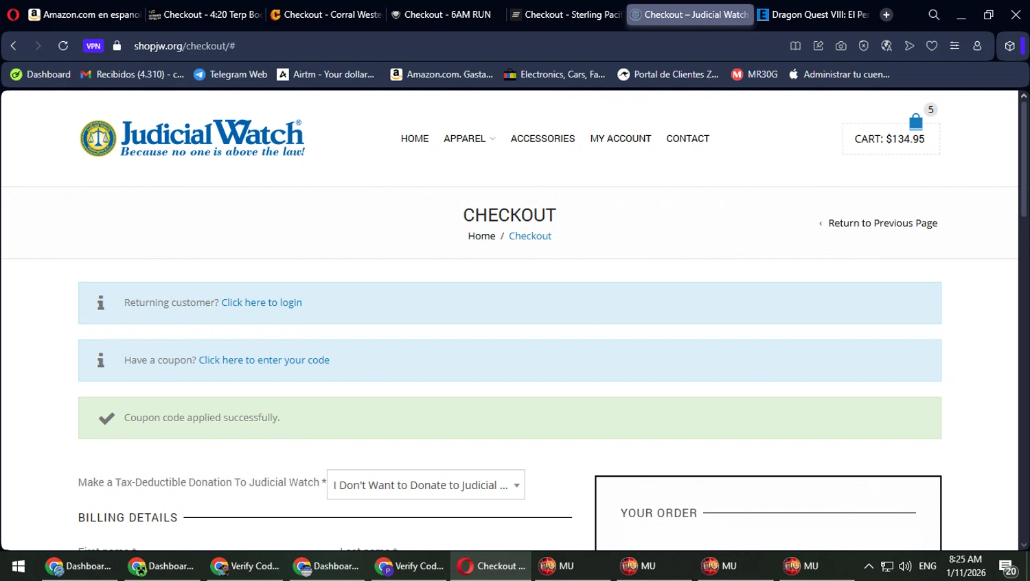 Judicial Watch promo code screenshot showing code NEWslink02 applied at Judicial Watch checkout page. Uploaded by SimplyCodes community member TrevorPhilips on Jan 11, 2026