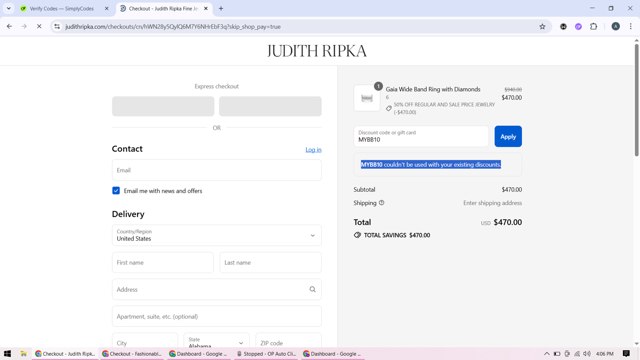 Judith Ripka checkout page showing Judith Ripka discount code box | Screenshot taken by SimplyCodes community member on Aug 23, 2025