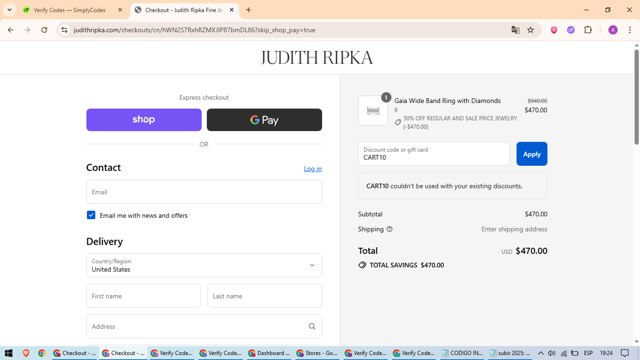 Judith Ripka checkout page showing Judith Ripka discount code box | Screenshot taken by SimplyCodes community member on Aug 31, 2025