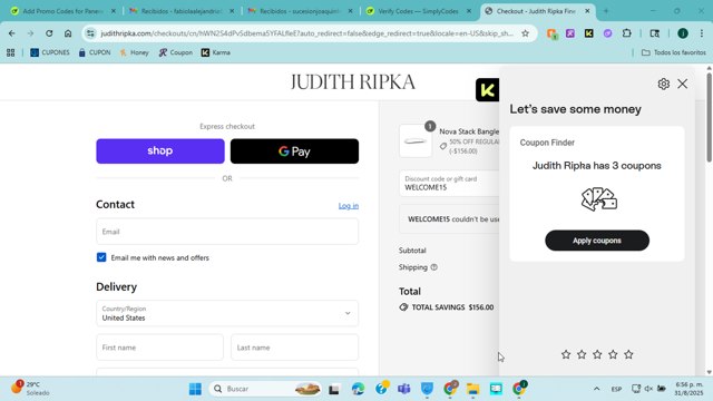 Judith Ripka checkout page showing Judith Ripka discount code box | Screenshot taken by SimplyCodes community member on Aug 31, 2025