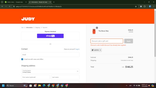 JUDY checkout page showing JUDY discount code box | Screenshot taken by SimplyCodes community member on Jun 27, 2024
