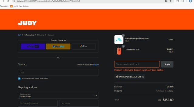 JUDY checkout page showing JUDY discount code box | Screenshot taken by SimplyCodes community member on Jun 6, 2024