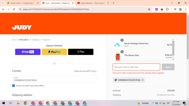 JUDY checkout page showing JUDY discount code box | Screenshot taken by SimplyCodes community member on Jul 16, 2024
