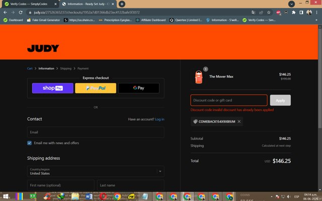JUDY checkout page showing JUDY discount code box | Screenshot taken by SimplyCodes community member on Jun 6, 2024