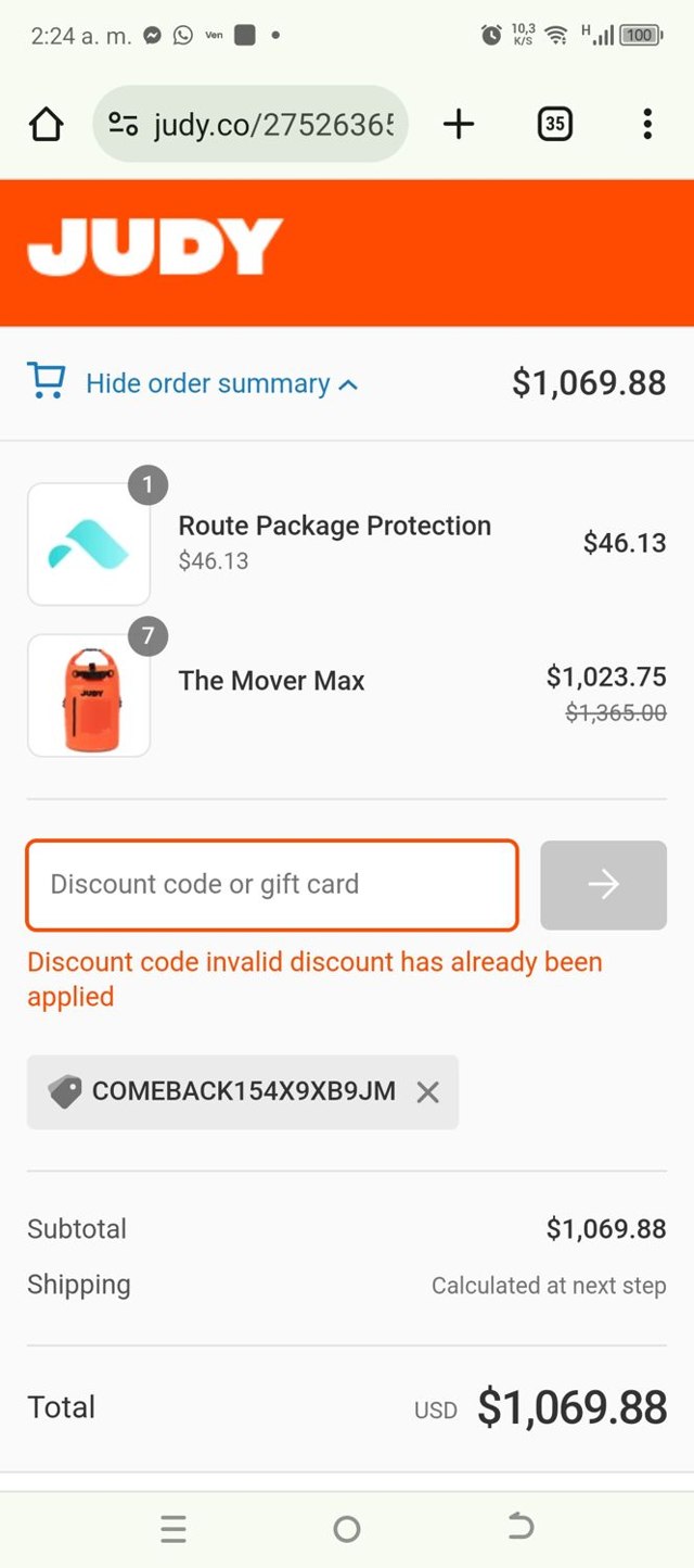 JUDY checkout page showing JUDY discount code box | Screenshot taken by SimplyCodes community member on Jul 22, 2024