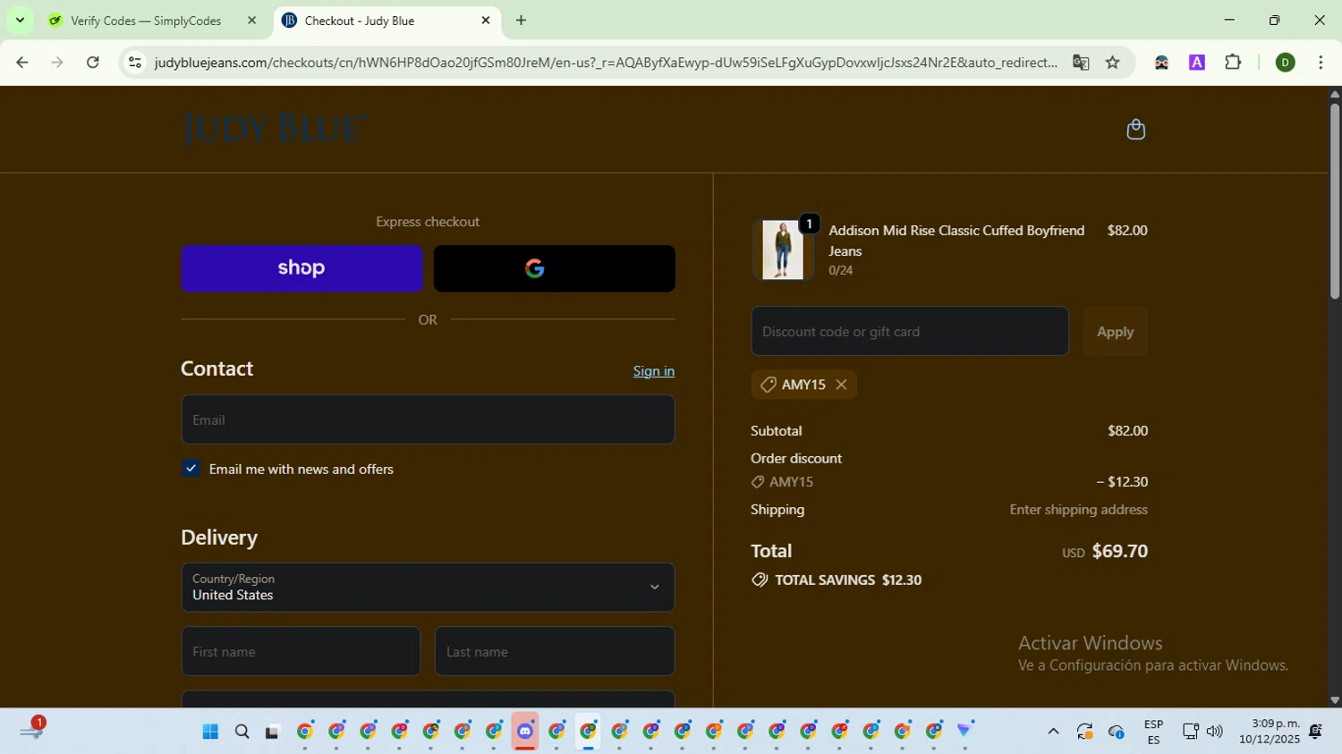 Judy Blue discount code screenshot showing code AMY15 applied at Judy Blue checkout page. Uploaded by SimplyCodes community member BargainGuardian5495 on Dec 10, 2025