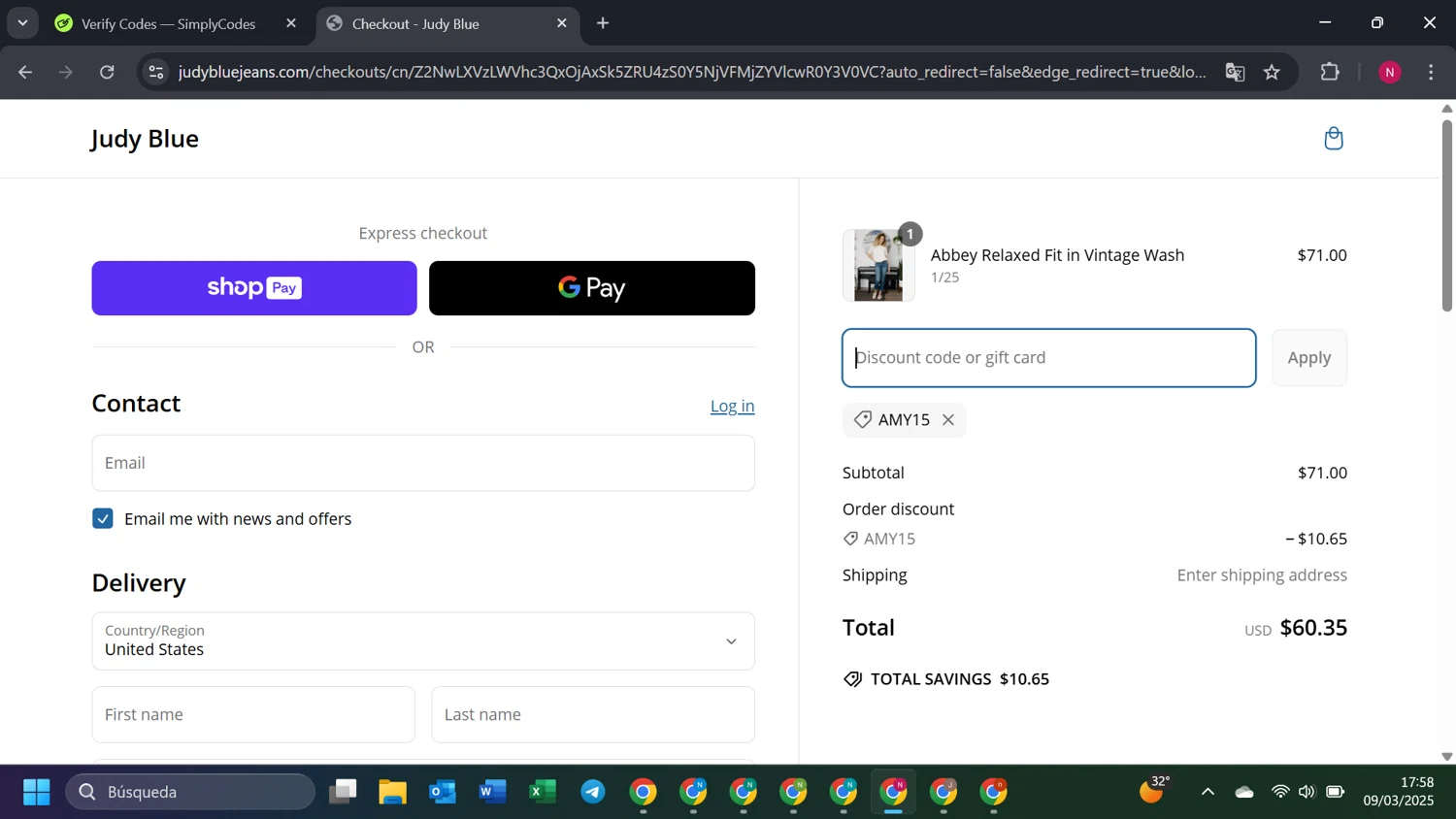 Judy Blue discount code screenshot showing code AMY15 applied at Judy Blue checkout page. Uploaded by SimplyCodes community member FortunateVirtuoso9599 on Mar 9, 2025