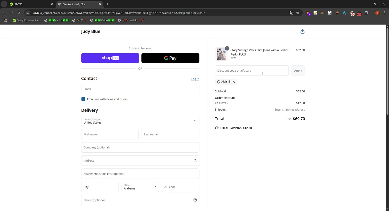 Judy Blue discount code screenshot showing code AMY15 applied at Judy Blue checkout page. Uploaded by SimplyCodes community member SavvyFinder1532 on Jun 14, 2025