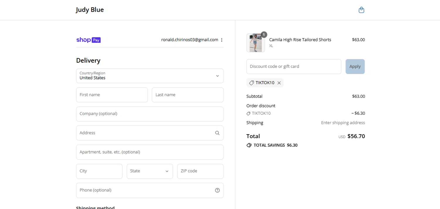 Judy Blue discount code screenshot showing code tiktok10 applied at Judy Blue checkout page. Uploaded by SimplyCodes community member BrilliantTitan7739 on Jul 27, 2025