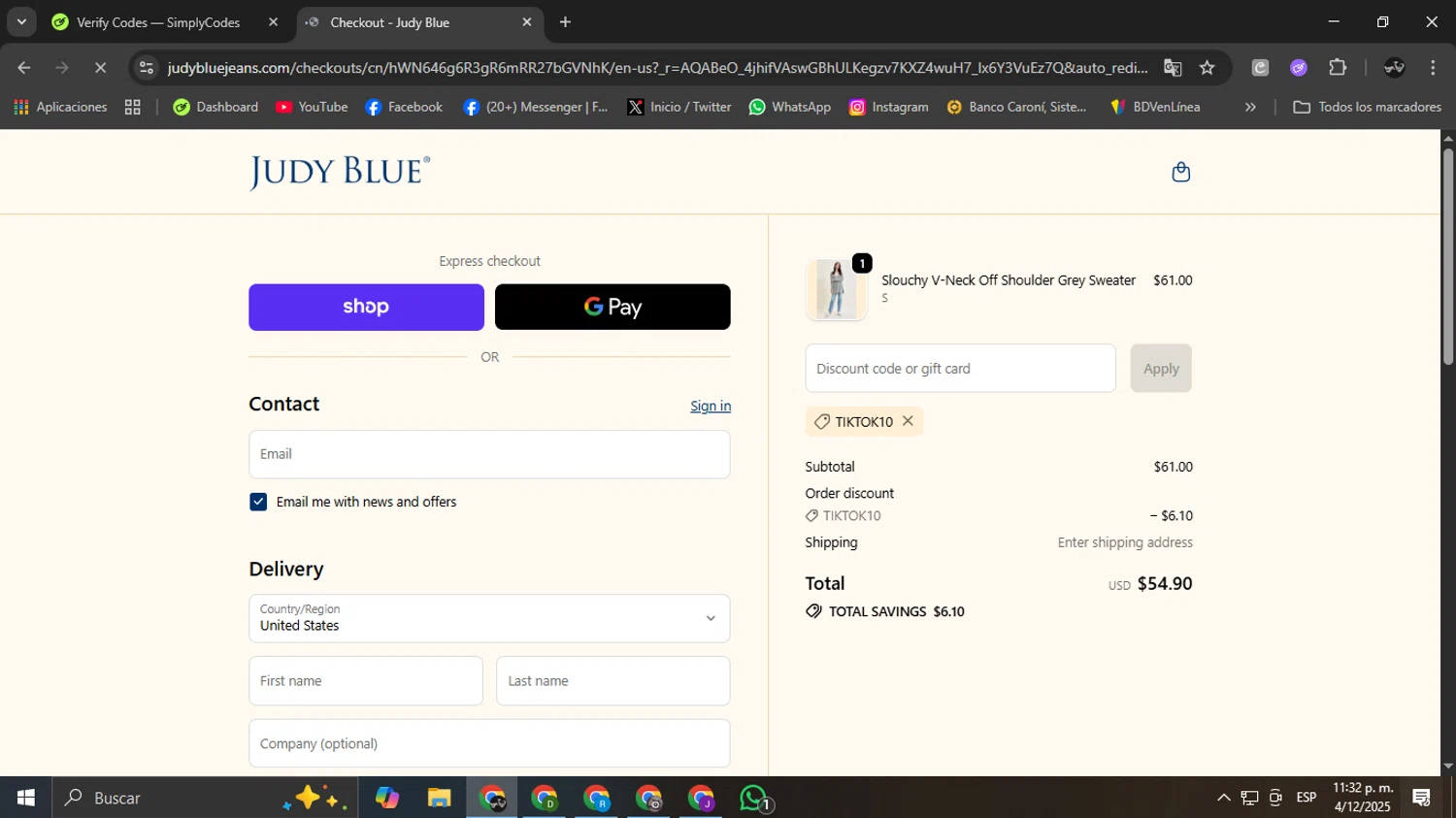 Judy Blue discount code screenshot showing code tiktok10 applied at Judy Blue checkout page. Uploaded by SimplyCodes community member Ricardobr06 on Dec 5, 2025