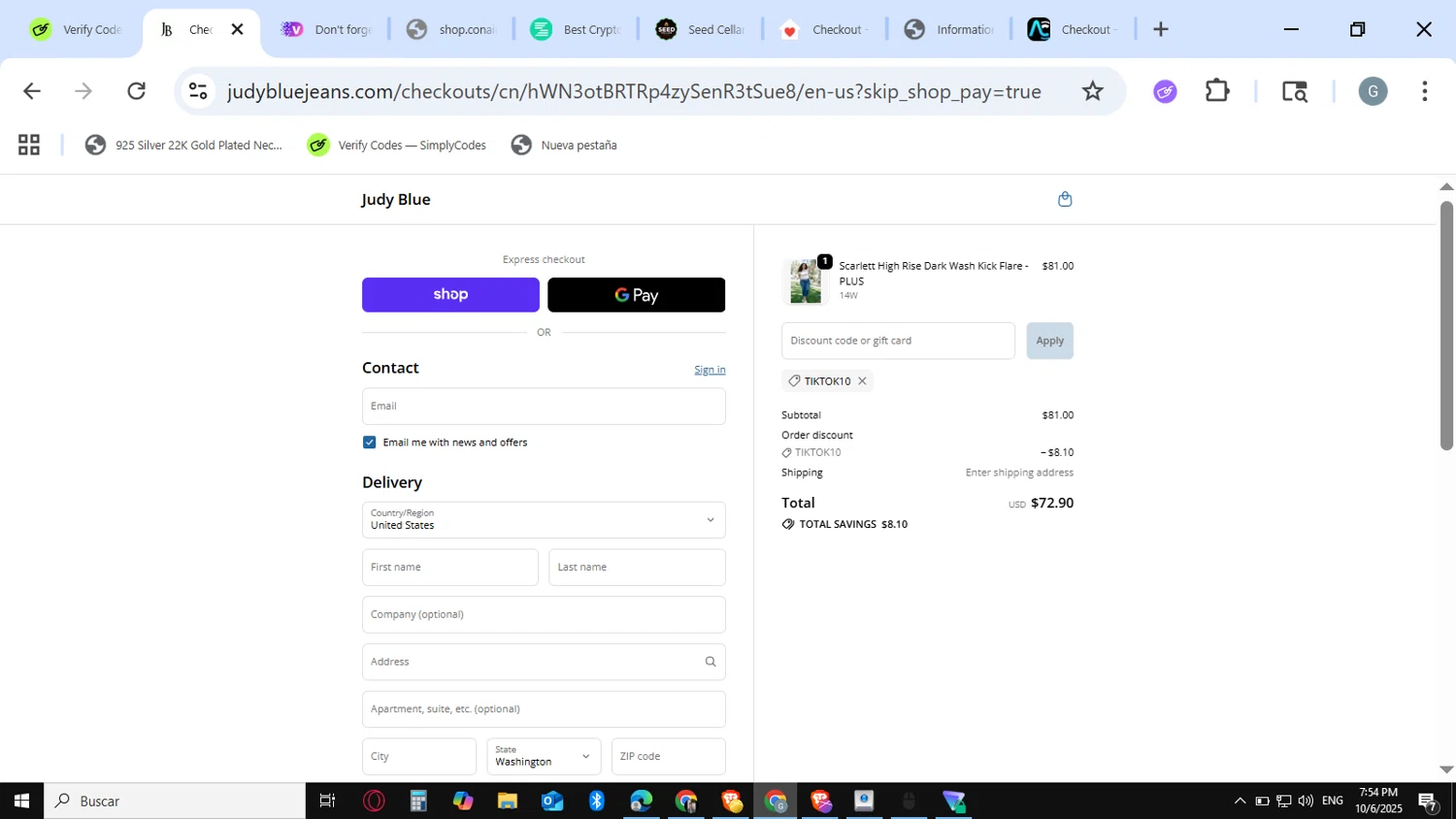Judy Blue discount code screenshot showing code tiktok10 applied at Judy Blue checkout page. Uploaded by SimplyCodes community member guest_623525963 on Oct 6, 2025